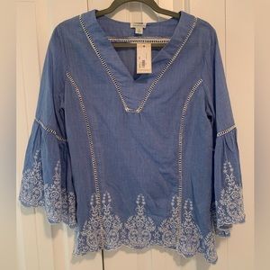 Sundance blue embroidered blouse bell sleeves Med